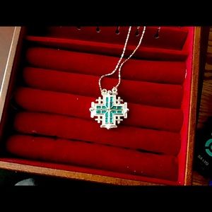 Sterling Silver and Blue Opal Magnetic Convertible Jerusalem Cross Necklace